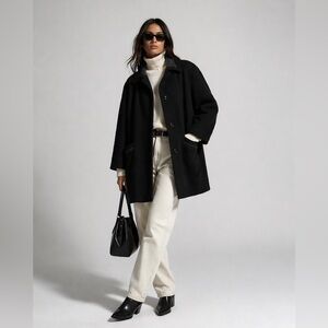 VINTAGE - Black Wool Coat with Shearling Collar | Minimalist Oversized Jacket